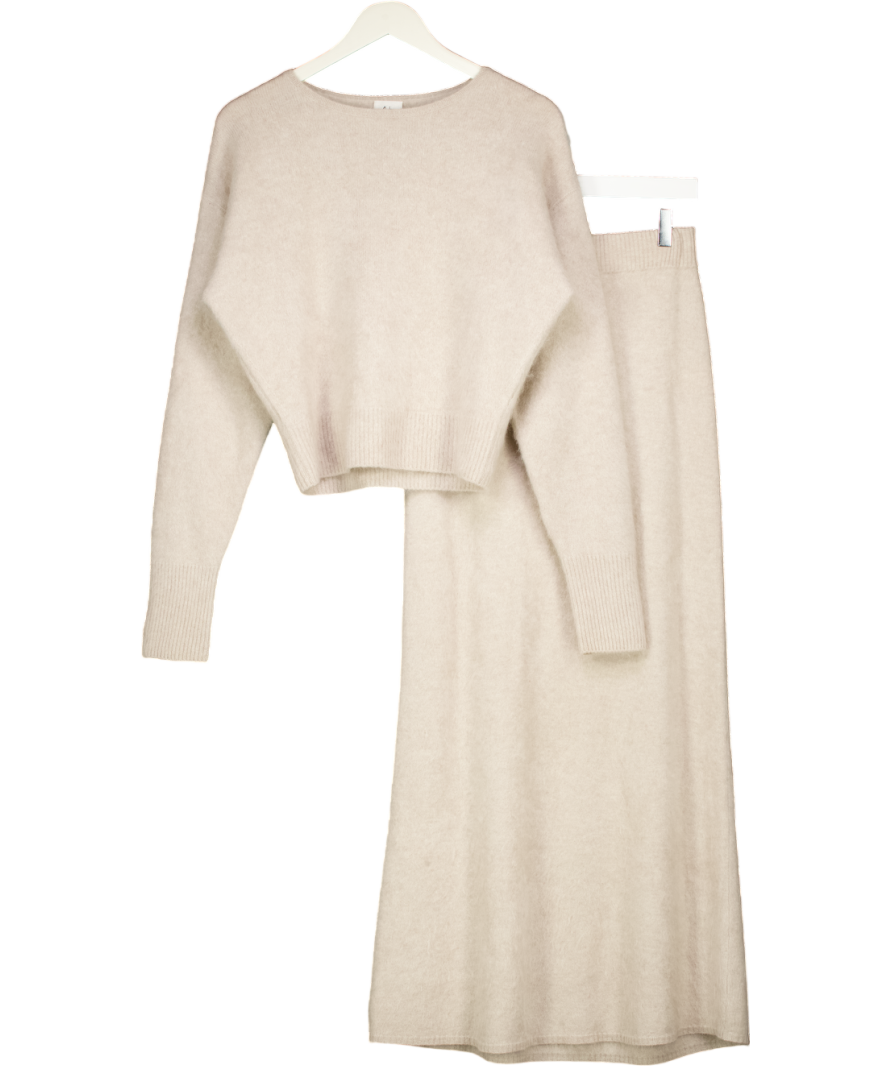 almada label Beige 2-piece 100% Cashmere Brushed Cashmere Jumper And Maxi Skirt Set UK M