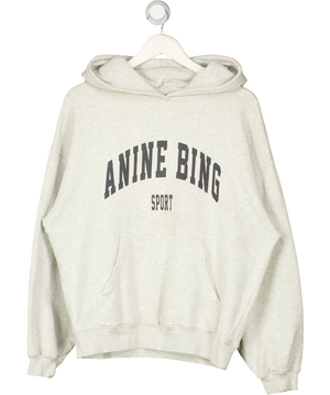 ANINE BING LIight Grey Oversize Sport Logo Sweatshirt Hoodie UK XXS