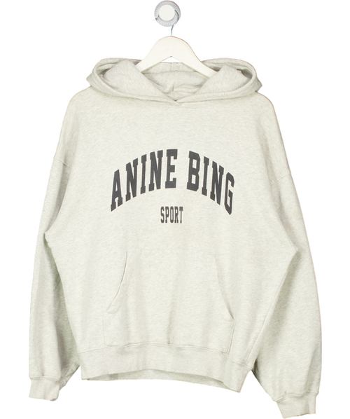 ANINE BING LIight Grey Oversize Sport Logo Sweatshirt Hoodie UK XXS