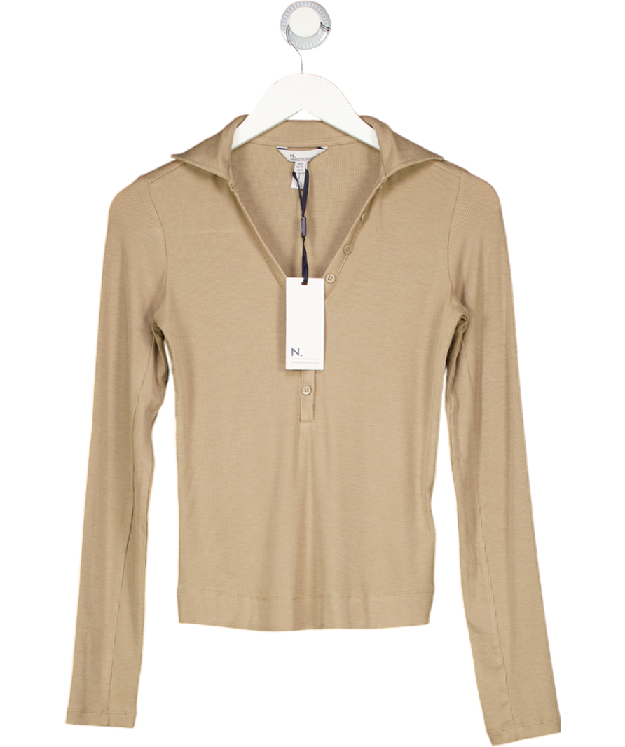 Next Brown Neutral N. Premium Long Sleeve Collar Polo Top UK 6