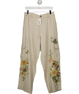 Anthropologie Beige Pilcro Embroidered Botanical Slim Beach Cargo Trousers UK M