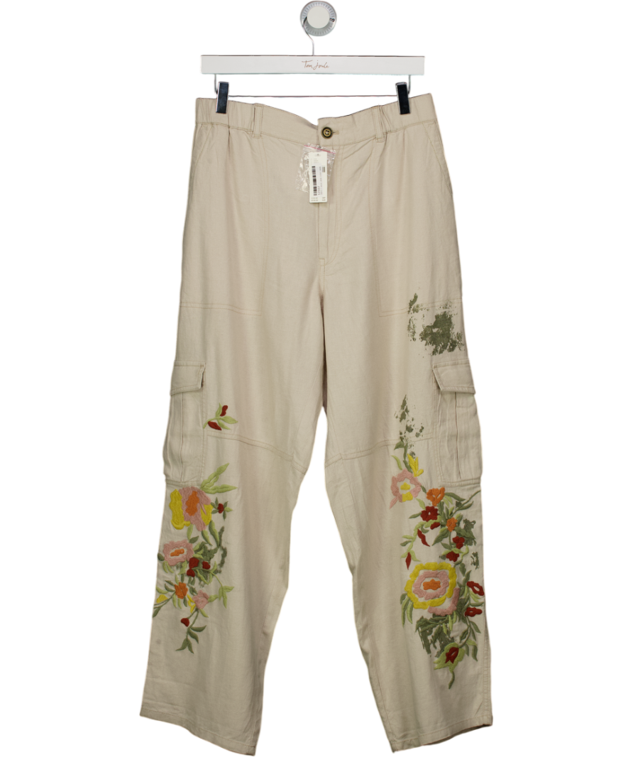 Anthropologie Beige Pilcro Embroidered Botanical Slim Beach Cargo Trousers UK M