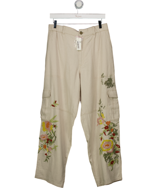 Anthropologie Beige Pilcro Embroidered Botanical Slim Beach Cargo Trousers UK M