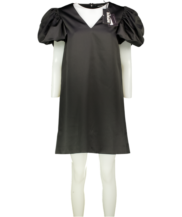ROTATE BIRGER CHRISTENSEN Black Puff-sleeve A-line Duchess Satin Mini Dress UK 6