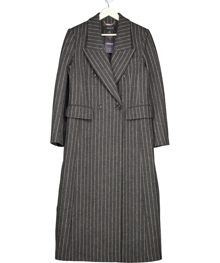 Karen Millen Grey Wool Pinstripe Oversized Double Breasted Tailored Maxi Coat UK 8
