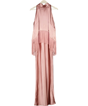 Coast Muse Pink Satin Fringe Halter Neck Maxi Dress UK 14