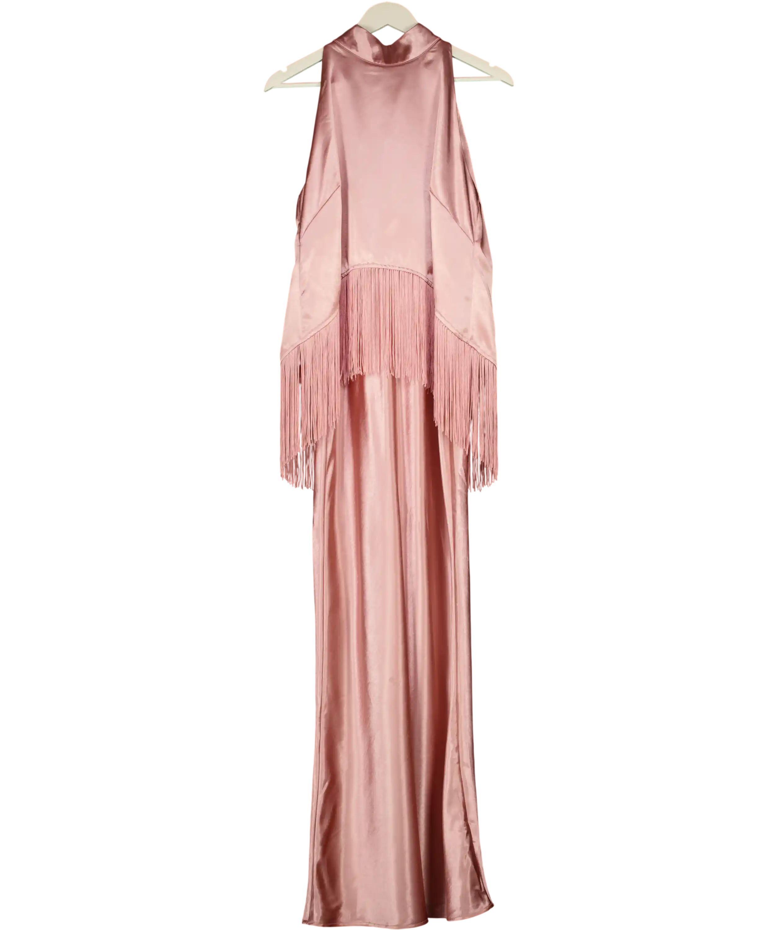 Coast Muse Pink Satin Fringe Halter Neck Maxi Dress UK 14