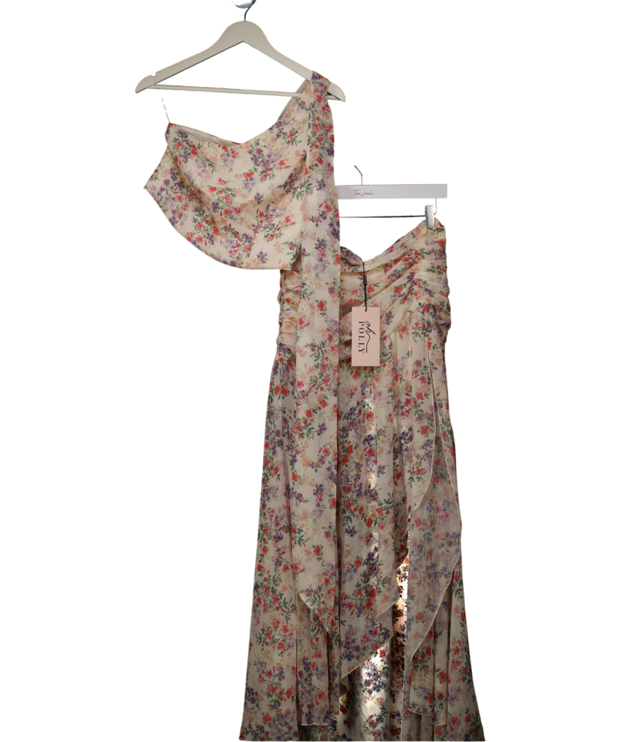Oh Polly Pink Scarf-detail One-shoulder Top And Skirt Set In Primrose Floral Print UK 10