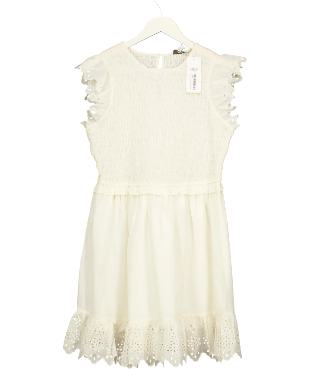M&S Cream Cotton Broderie Frill Smocked Mini Dress Ivory UK 12