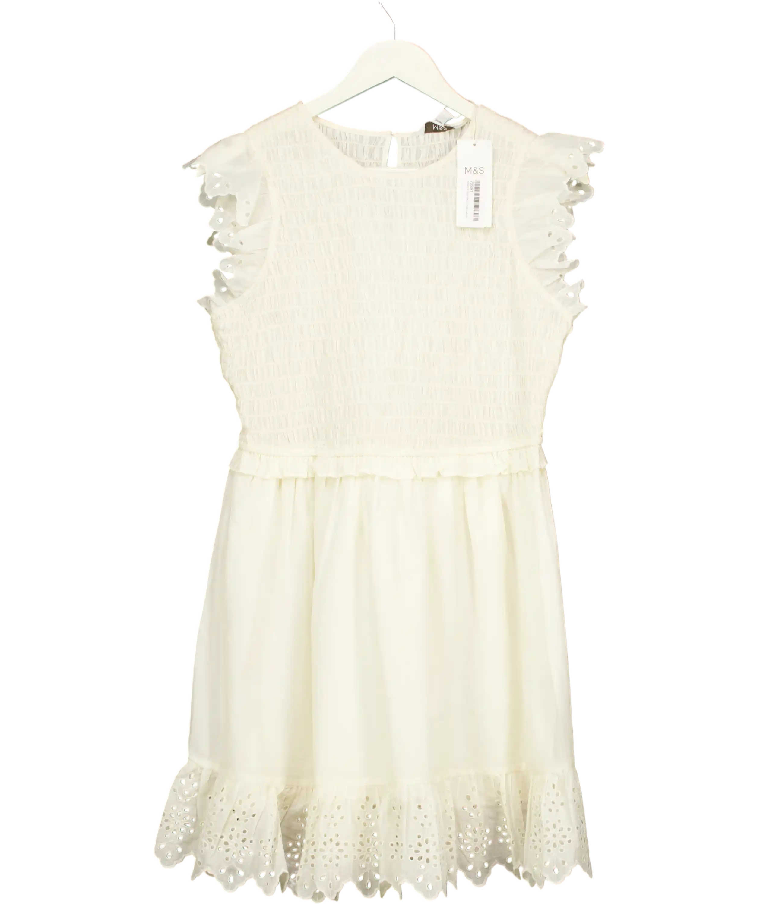 M&S Cream Cotton Broderie Frill Smocked Mini Dress Ivory UK 12
