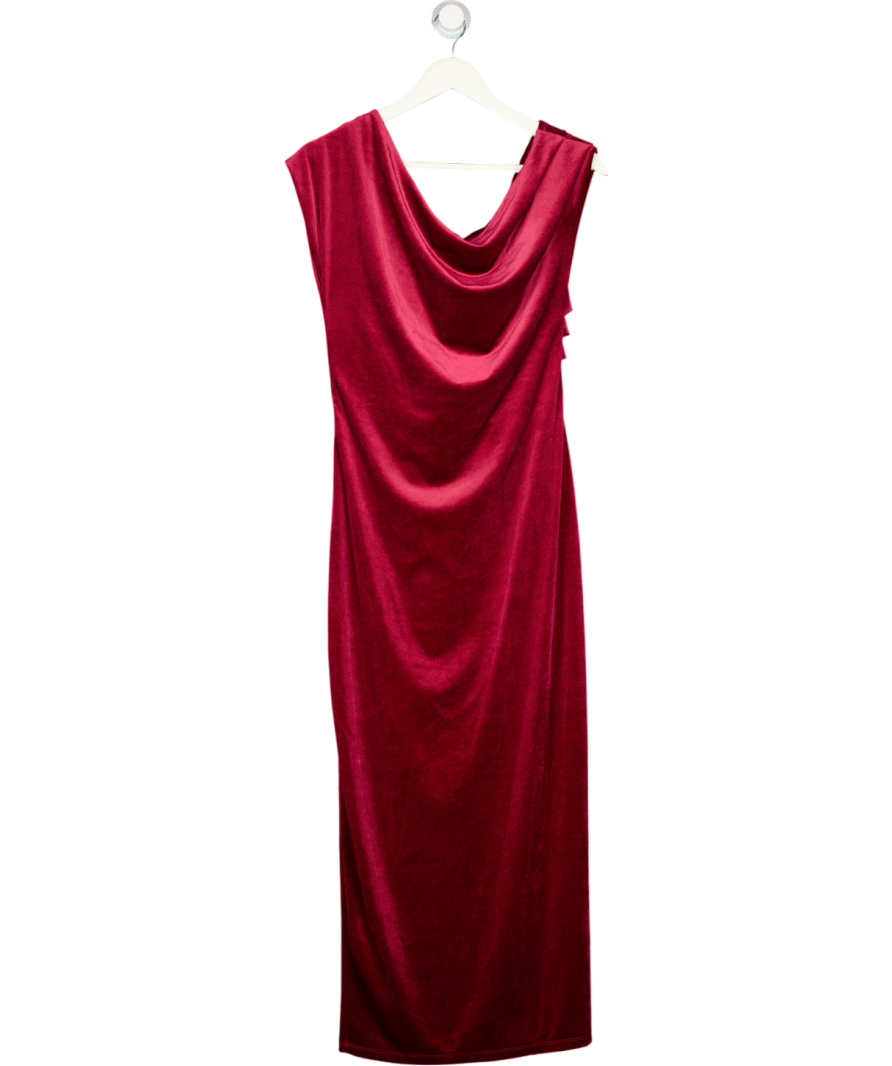 RIVER ISLAND Velvet Drape Off Shoulder Column Dress In Dark Red UK 12