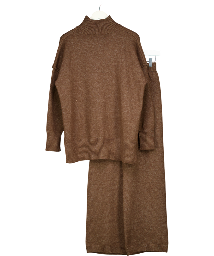 COMMENSE Brown Plain Turtleneck Knit Jumper And Trouser  Set UK XS