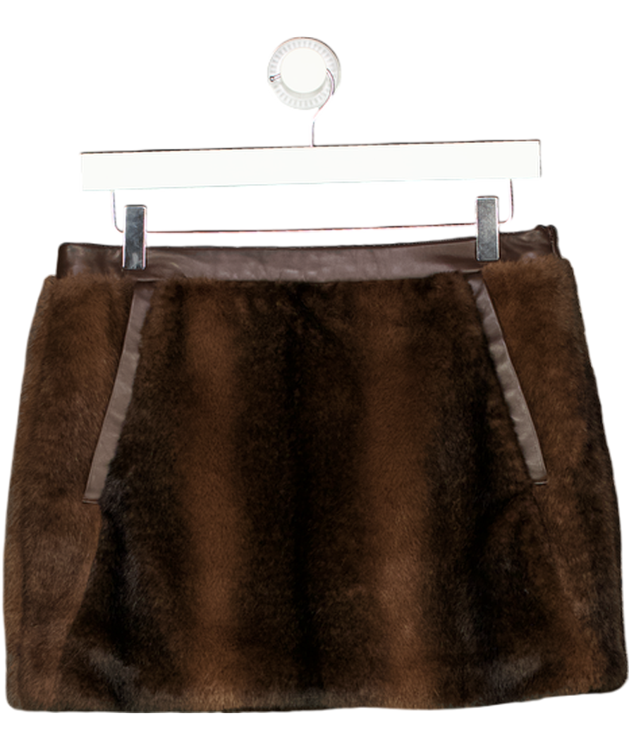 ZARA Brown Studio Faux Fur Mini Skirt Leather Trim UK S