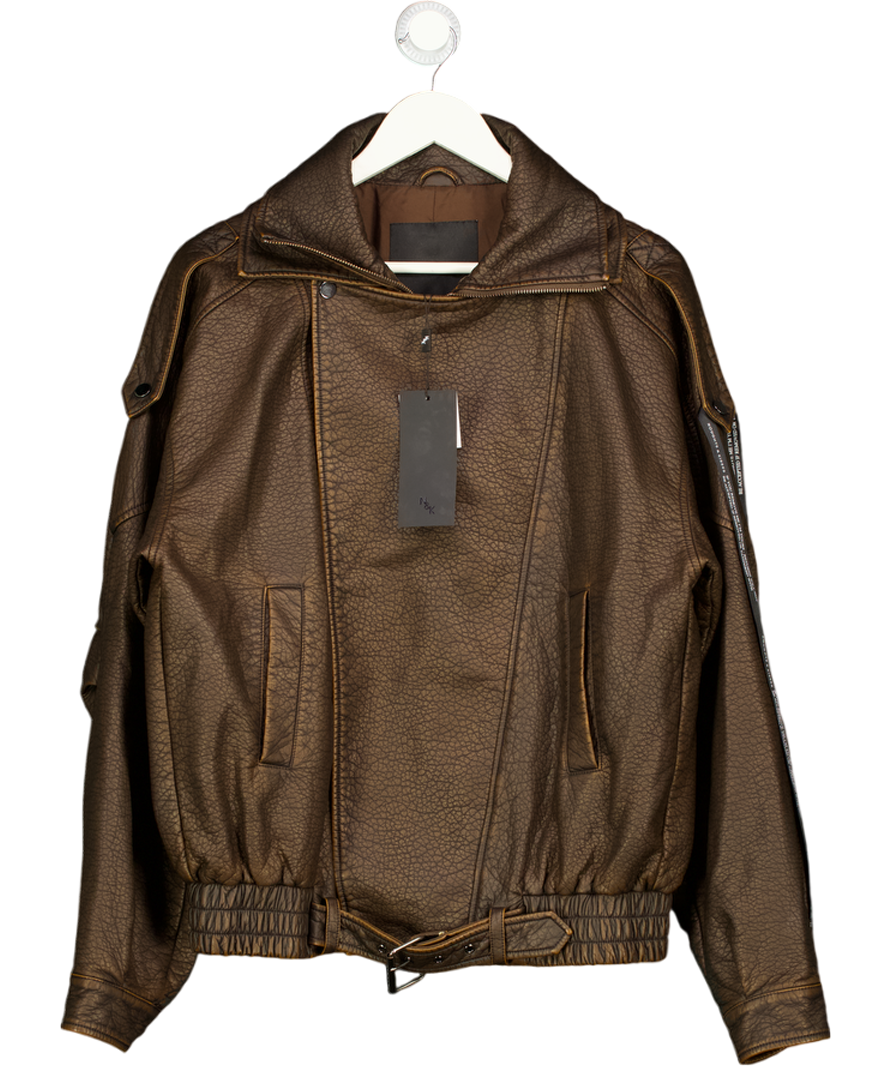 Noughts & Kisses Brown Vegan Leather Oversized Biker Jacket UK S