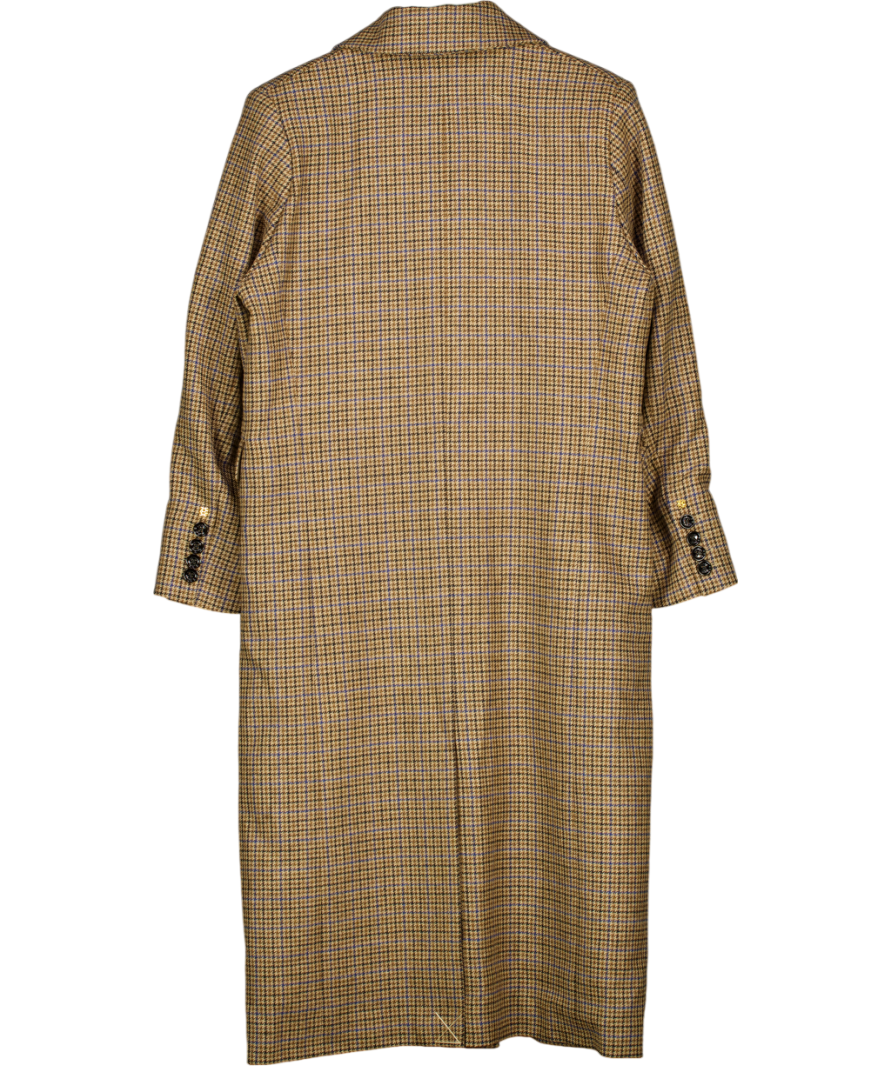 HOLLAND COOPER Double Breasted Long Wool Coat - Brown / Blue Houndstooth UK S