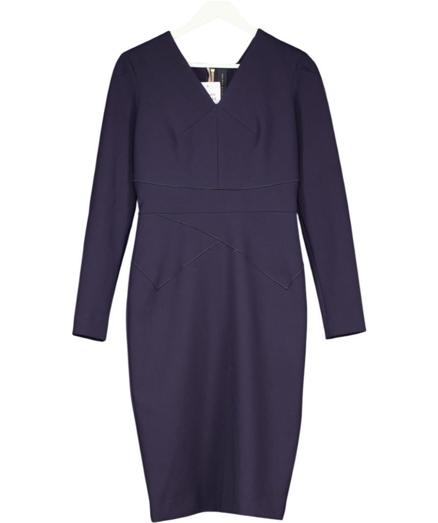 Roland Mouret Blue Classic Wool Blend Long Sleeve Zip Back Pencil Dress UK 12