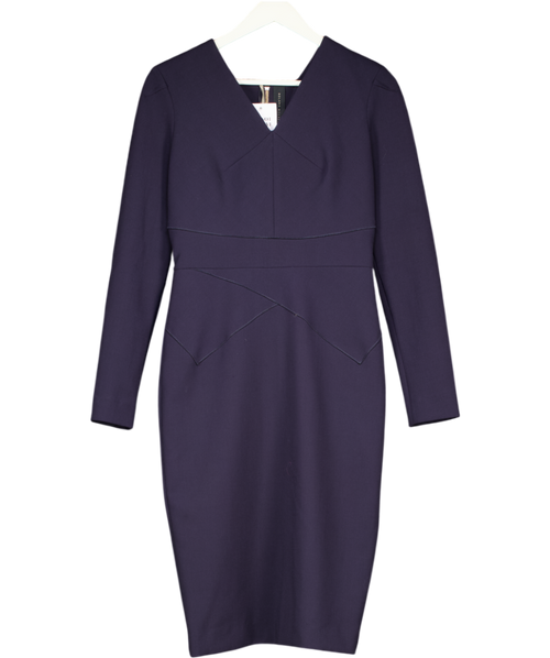 Roland Mouret Blue Classic Wool Blend Long Sleeve Zip Back Pencil Dress UK 12
