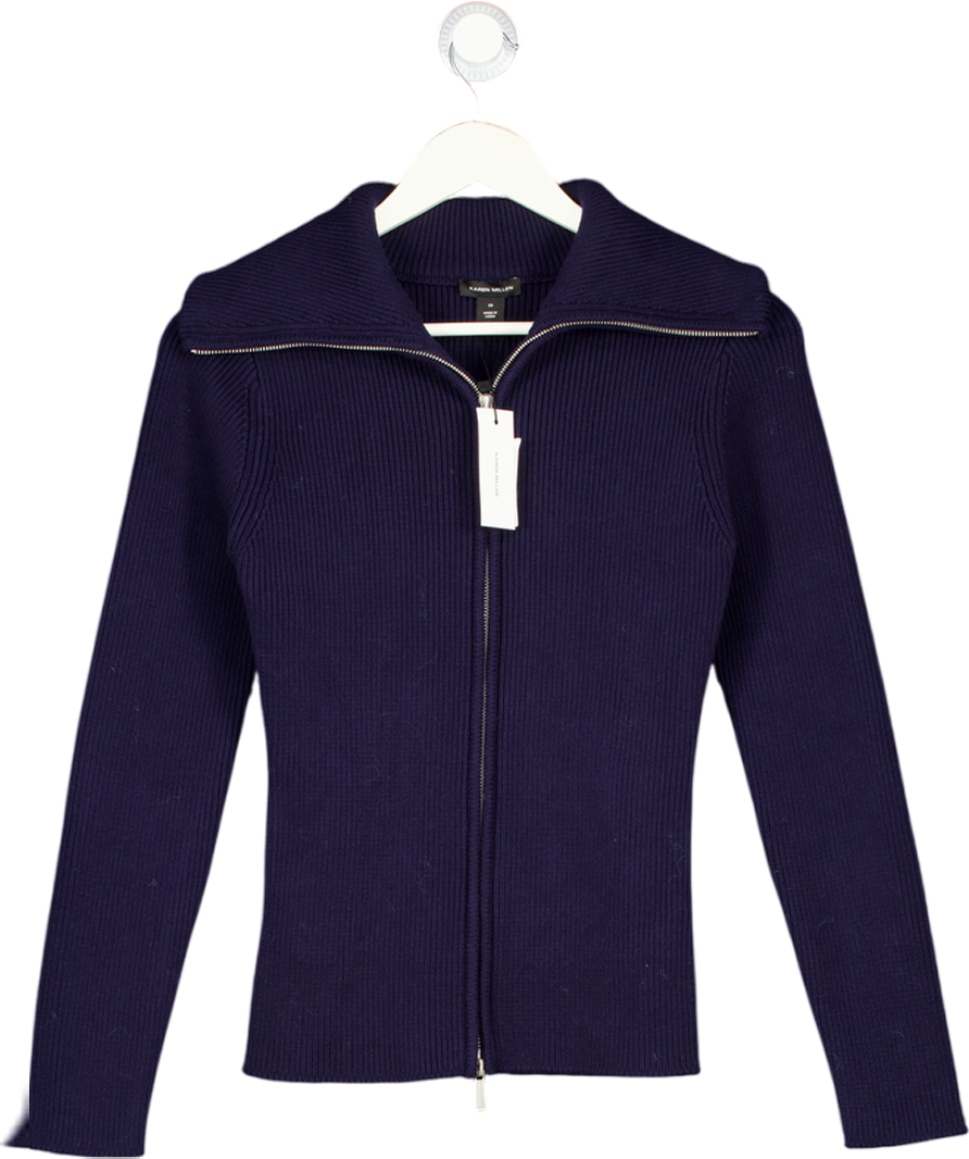 Karen Millen Navy Blue Cotton Zip Through Collar Knit Cardigan UK XS