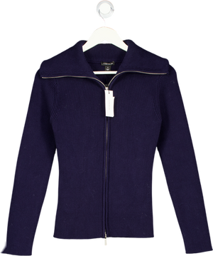Karen Millen Navy Blue Cotton Zip Through Collar Knit Cardigan UK XS