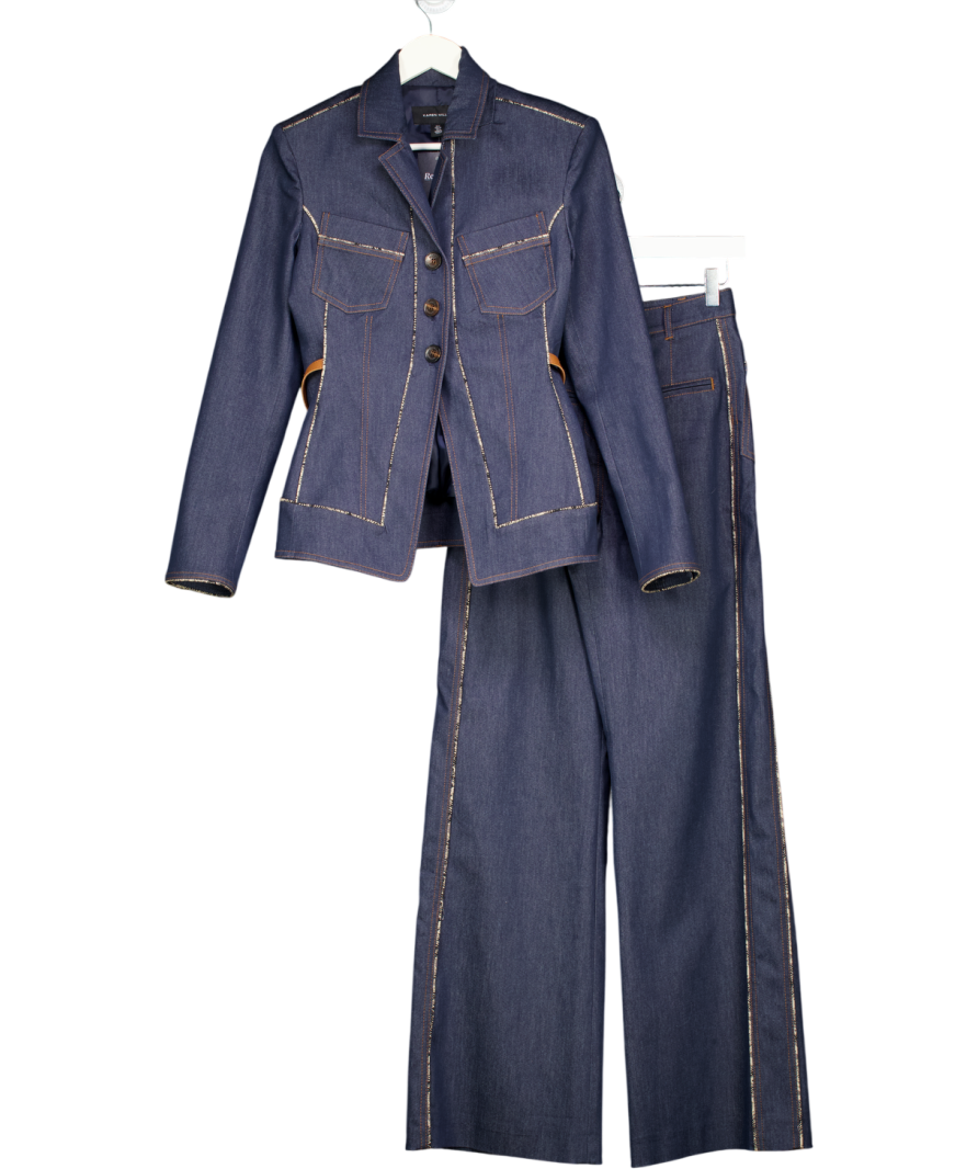Karen Millen Blue Tailored Denim Belted Single Breasted Blazer & Flared Jeans Set UK 6