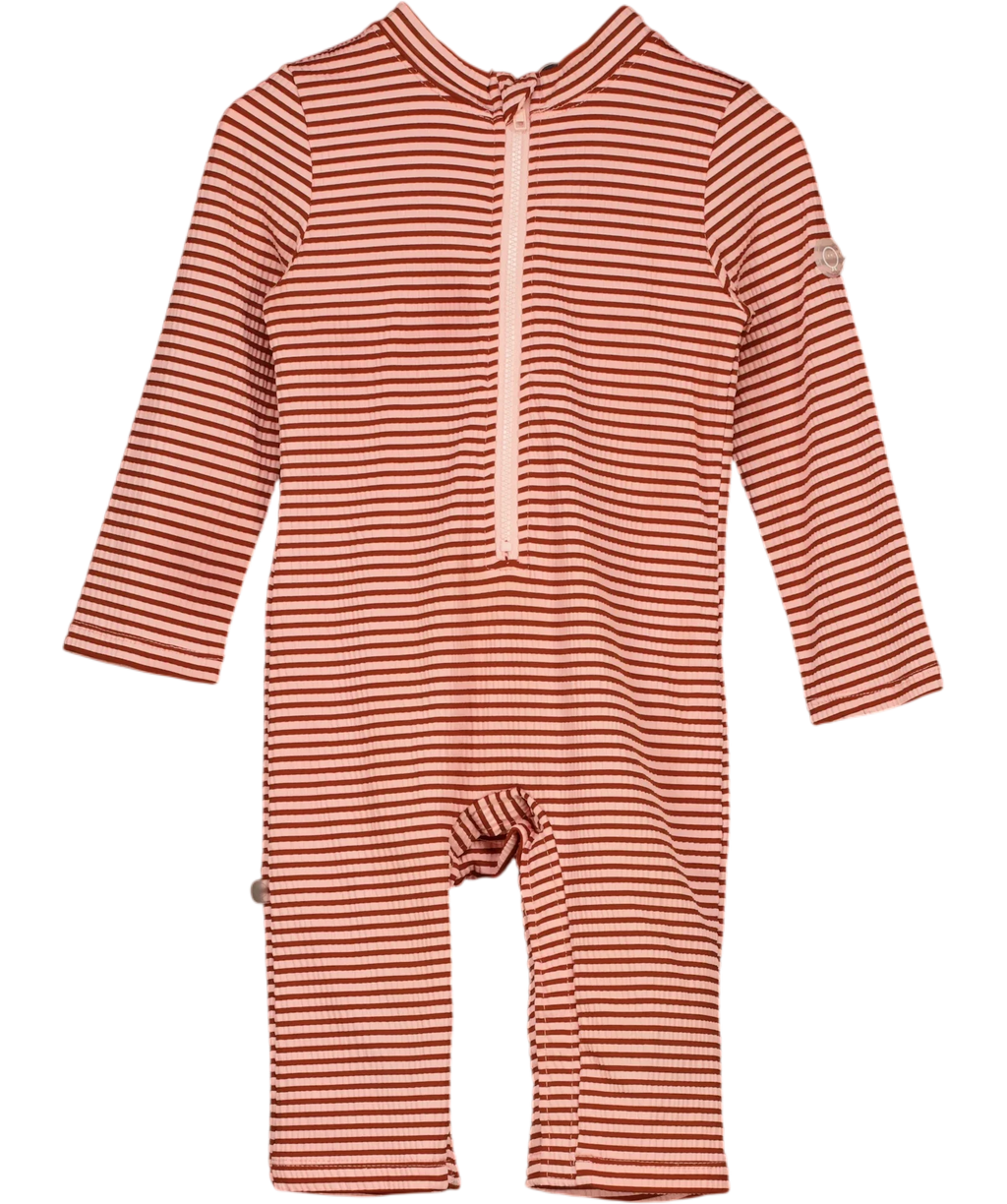 MORI Pink striped long-sleeve sunsafe/swim jumpsuit, size 18-24 Months — front