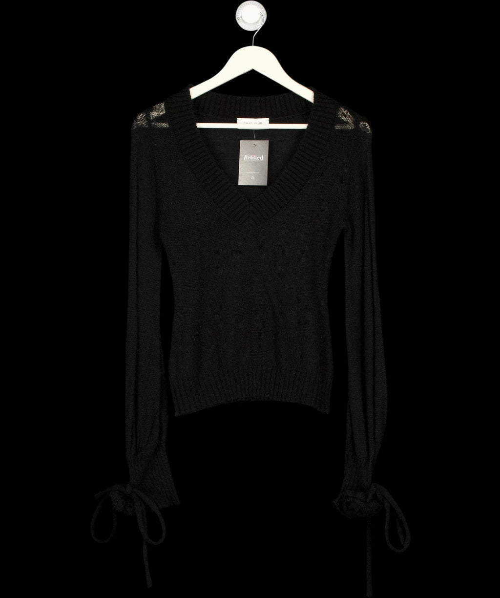 Fanci Club Black 3D Flower Detail V-Neck Knit Jumper Black, size UK S — label