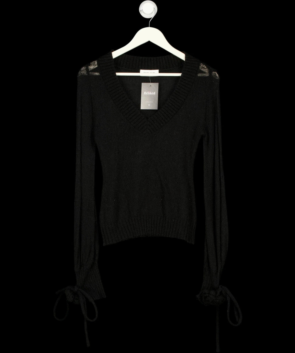 Fanci Club Black 3D Flower Detail V-Neck Knit Jumper Black, size UK S — label