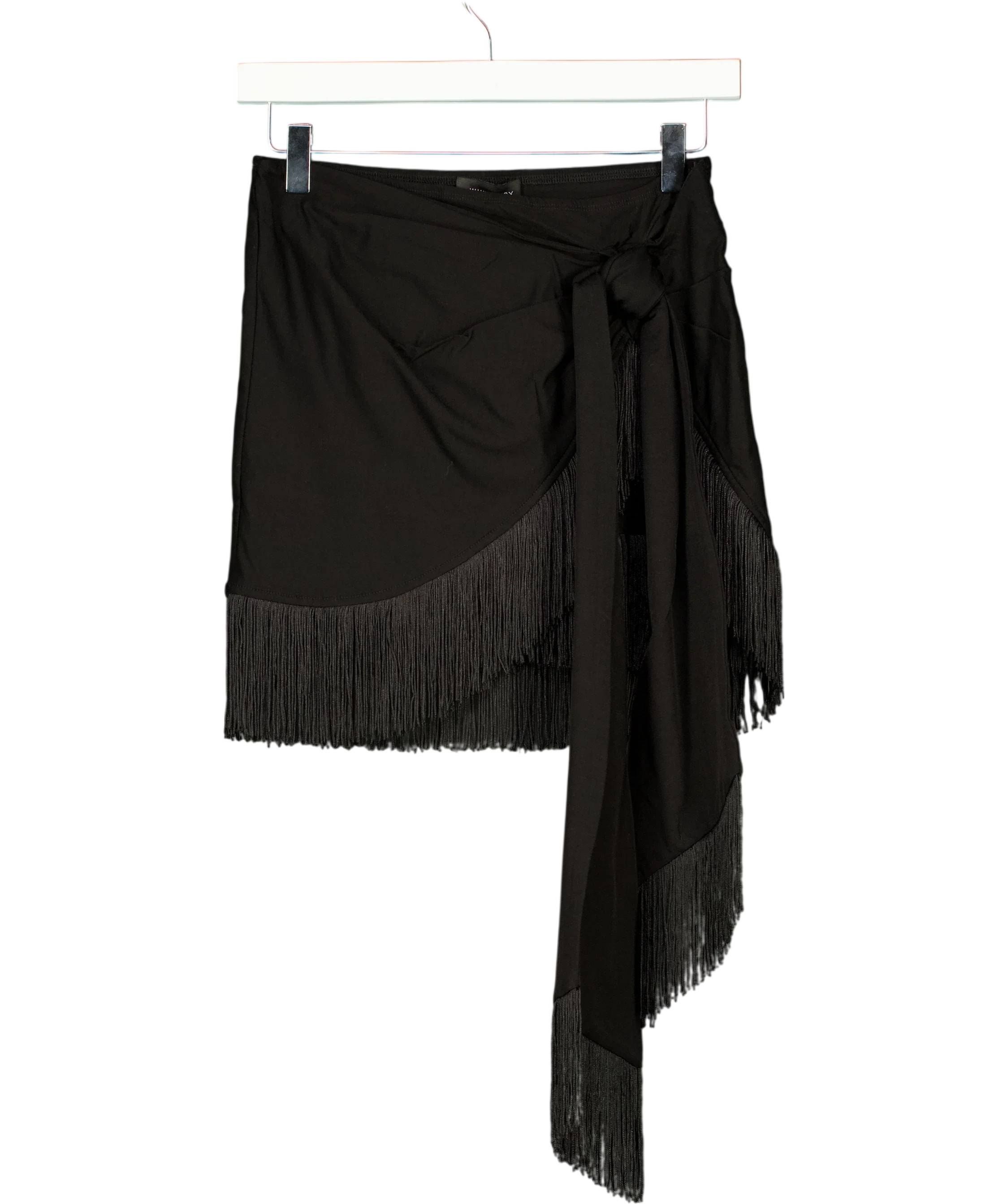 WHITE FOX Black Fringe Mini Skirt UK S — Front