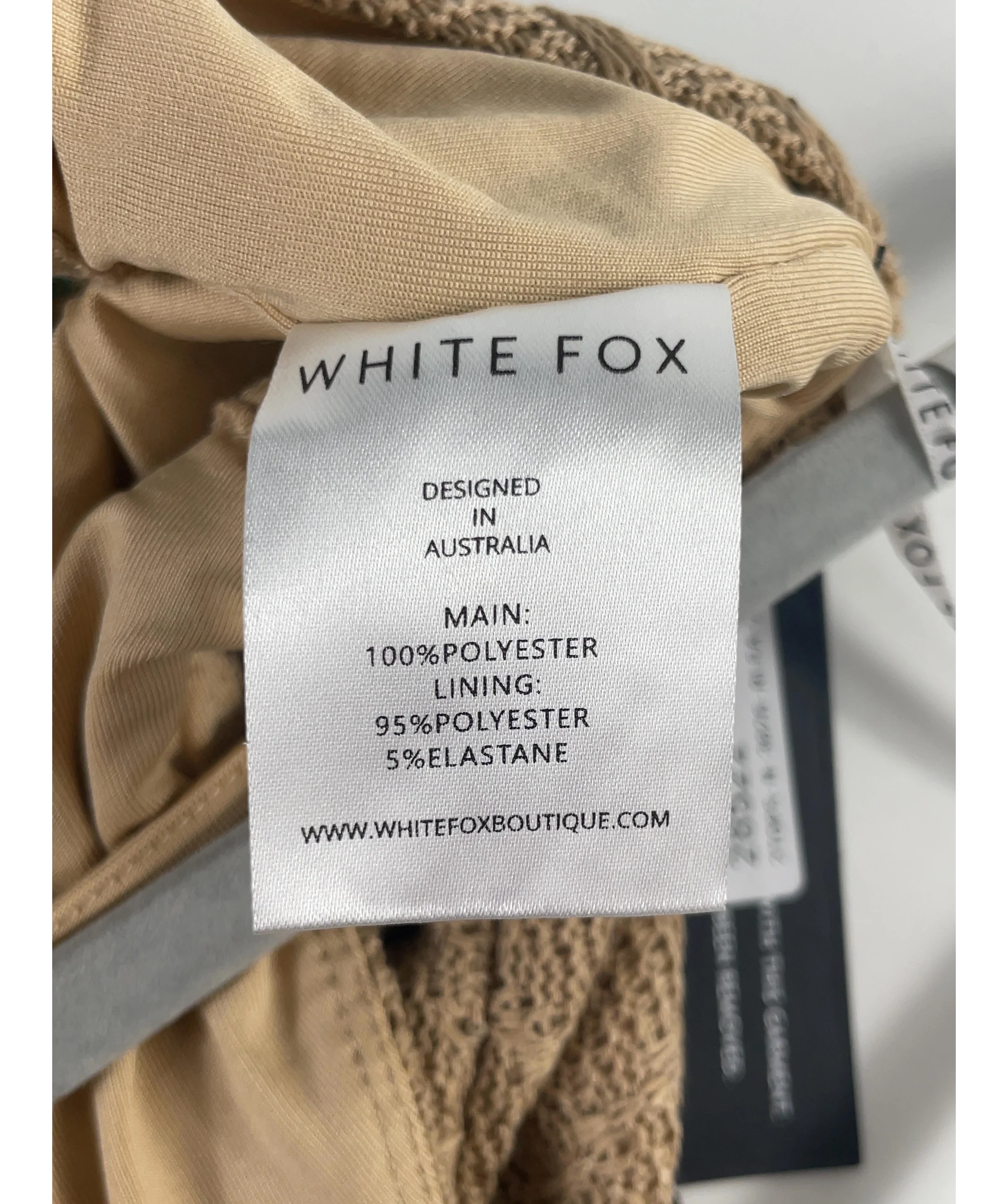 WHITE FOX Beige Milos Mermaid Bodysuit Sandy Brown, size UK M — label