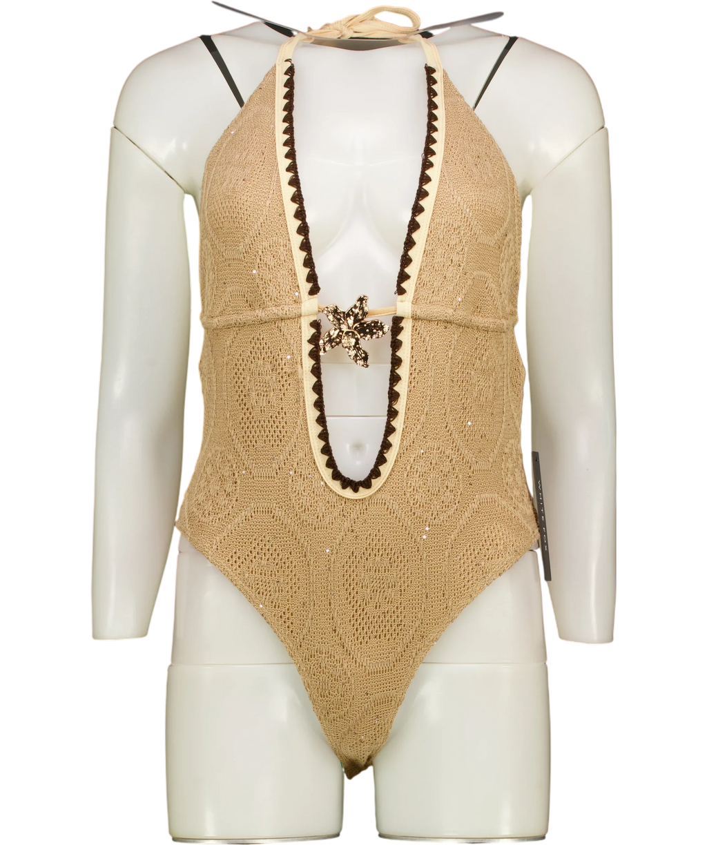 WHITE FOX Beige Milos Mermaid Bodysuit Sandy Brown, size UK M — front