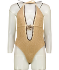WHITE FOX Beige Milos Mermaid Bodysuit Sandy Brown, size UK M — front