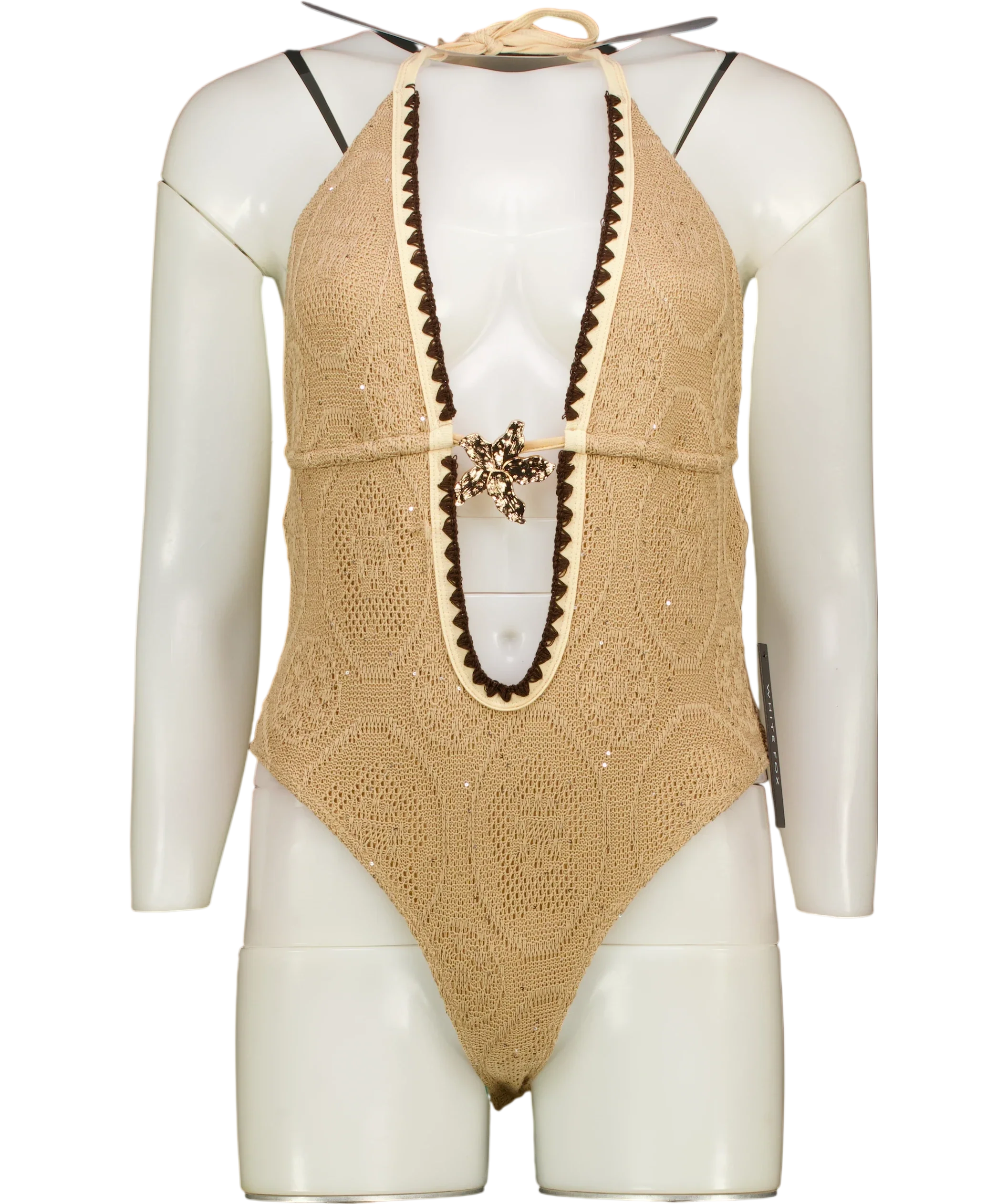 WHITE FOX Beige Milos Mermaid Bodysuit Sandy Brown, size UK M — front