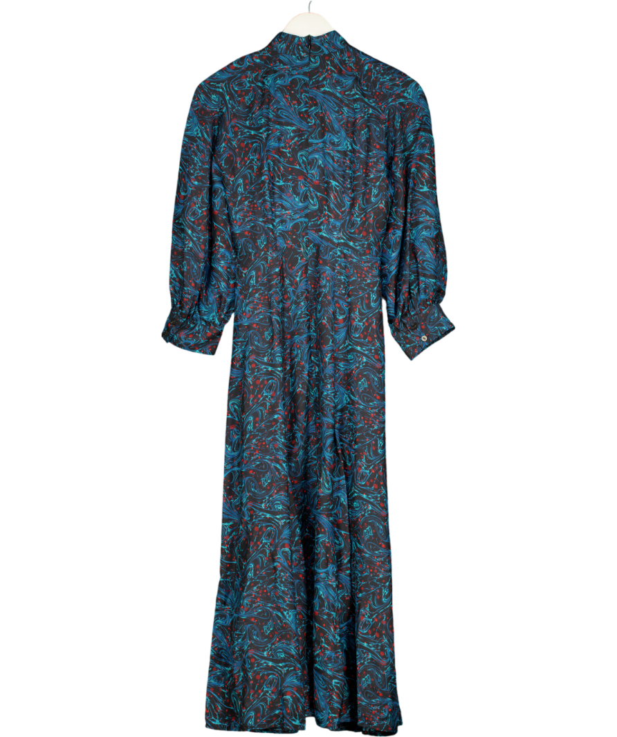 CEFINN Blue / Multi Print 100% Silk Midi Dress UK 8