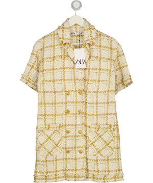 ZARA Cream / Yellow Short Sleeve Tweed Mini Dress UK S