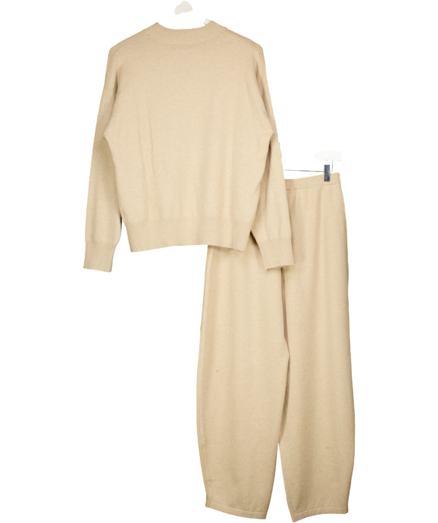 Lounge Underwear Beige 2-piece Cuffed Crew Neck Knitted Jumper And Barrel Leg Knitted Jogger Set UK XS