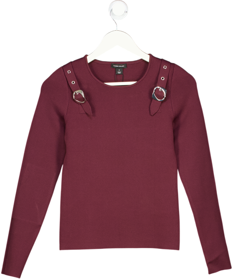 Karen Millen Red Burgundy Buckle Trim Long Sleeve Knitted Top UK XS