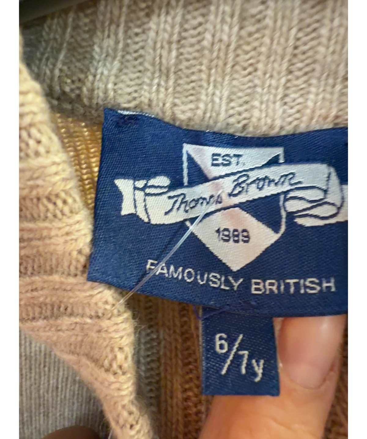 Thomas Brown Beige mock-neck race car knit jumper, size 6 Years — care label