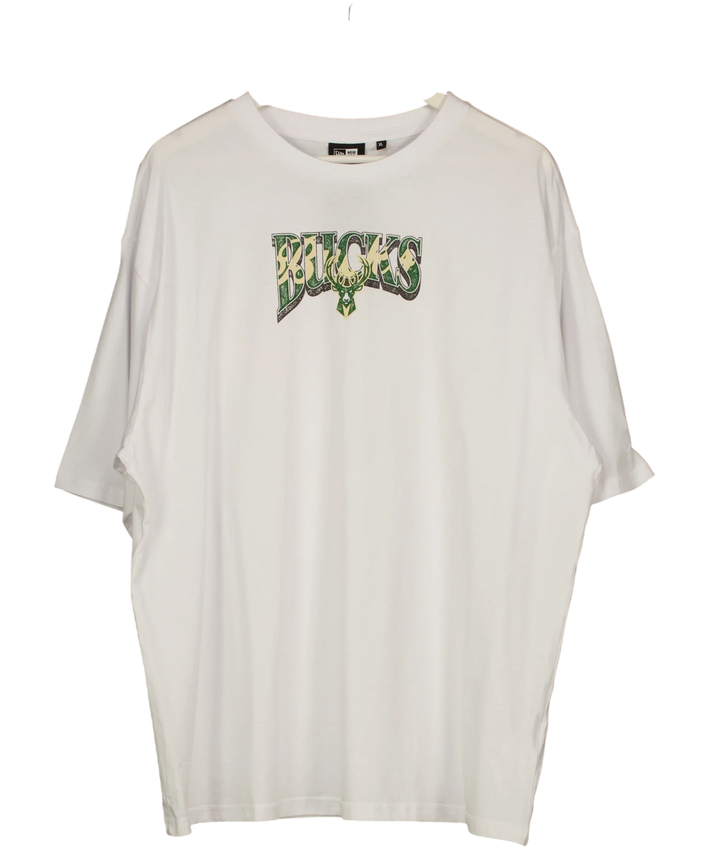 New Era White NBA Milwaukee Bucks Championship Oversized T-Shirt White, size UK XL — front