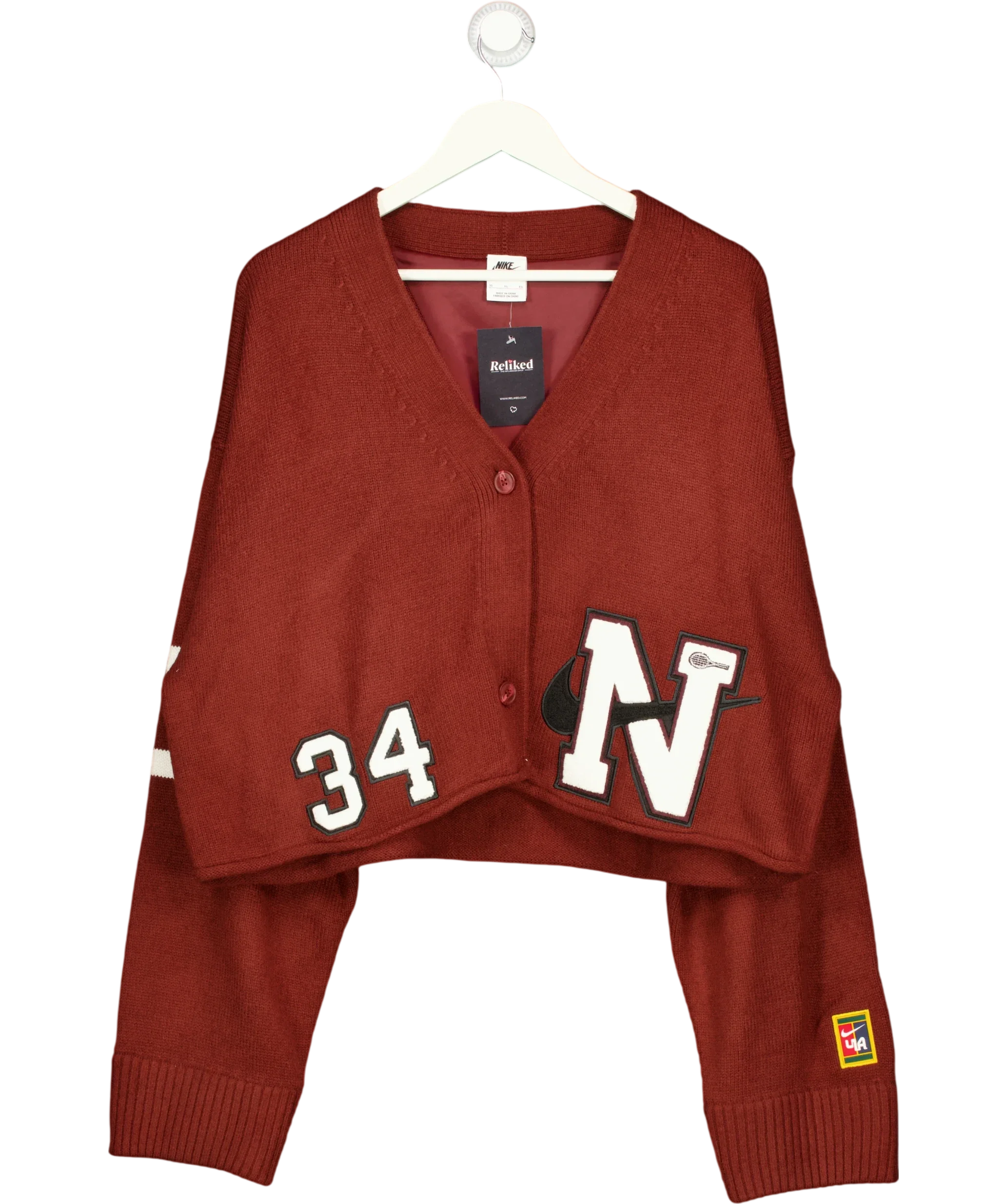 Nike Red x YOON Women's Varsity Cropped Cardigan Red, size UK XL — front