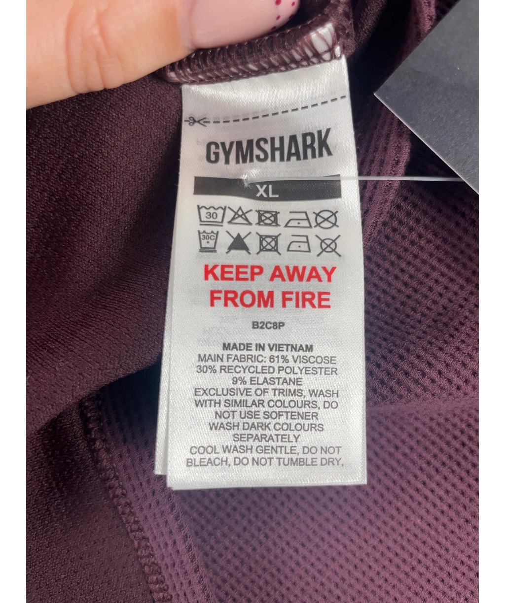 GYMSHARK Purple Burgundy V-Neck Long Sleeve Top, size UK XL — label