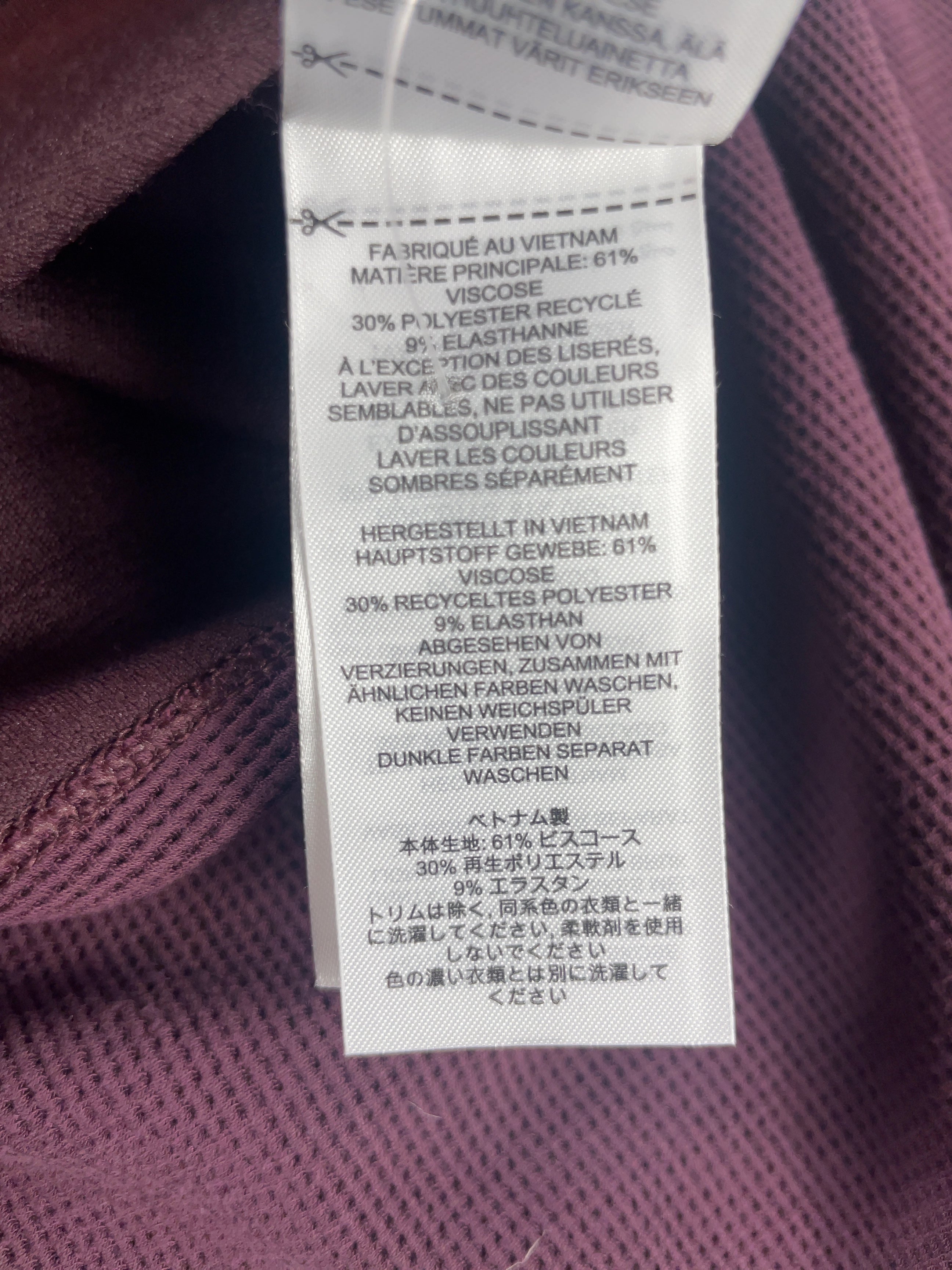 GYMSHARK Purple Burgundy V-Neck Long Sleeve Top, size UK XL — care label