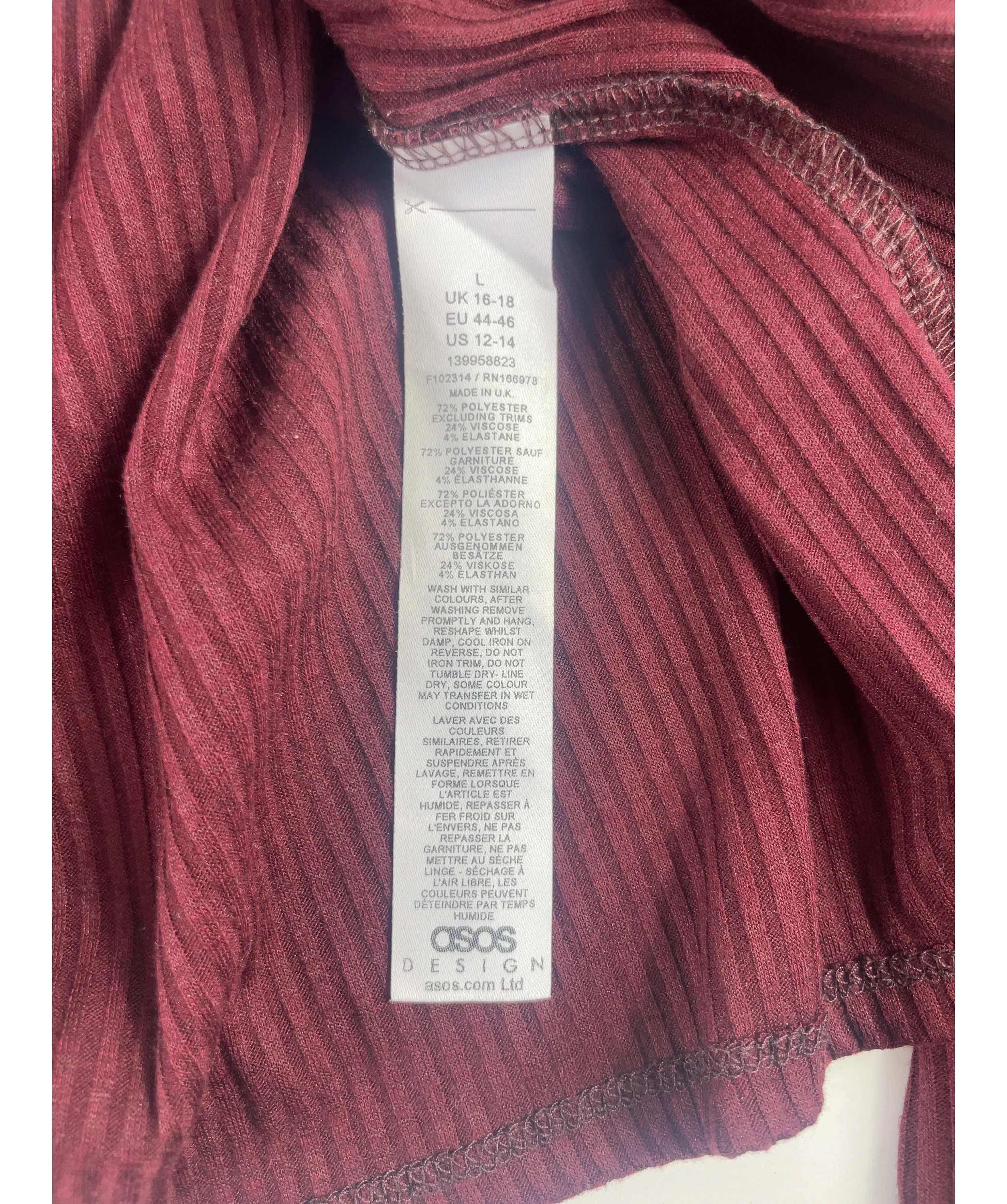 ASOS Red Rib Long Sleeve Top with Silver Buttons Burgundy  red, size UK L — label