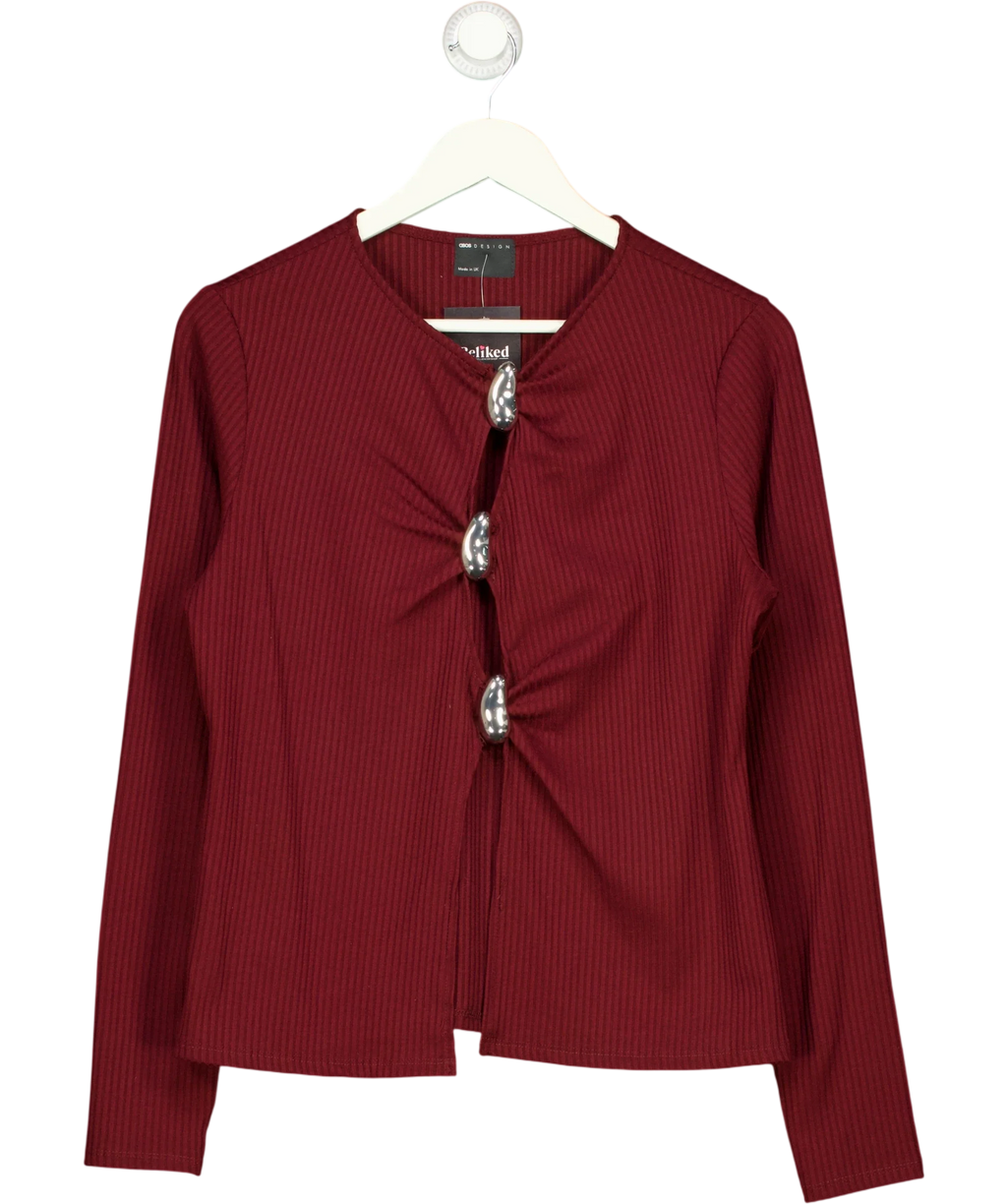 ASOS Red Rib Long Sleeve Top with Silver Buttons Burgundy  red, size UK L — front