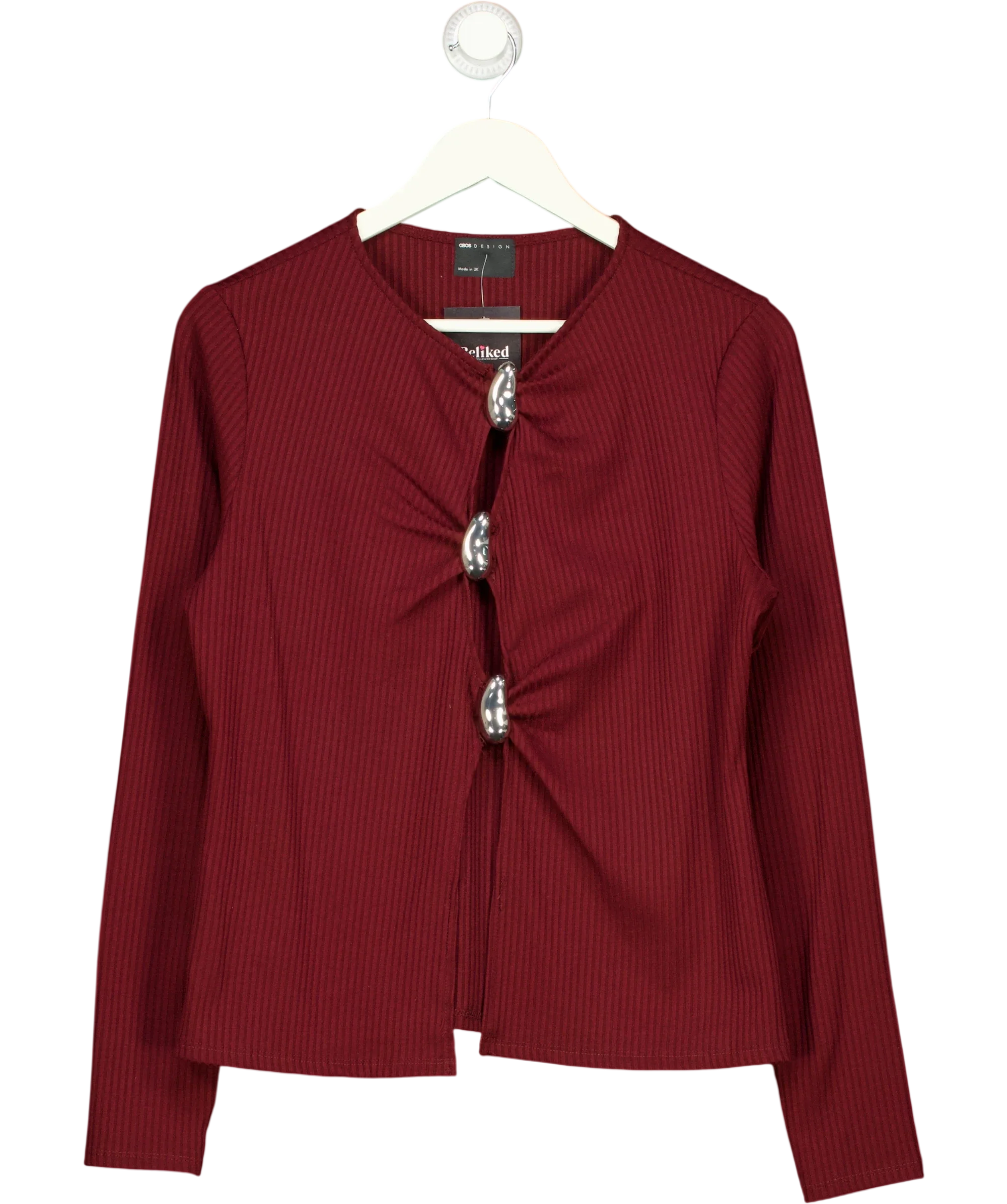 ASOS Red Rib Long Sleeve Top with Silver Buttons Burgundy  red, size UK L — front