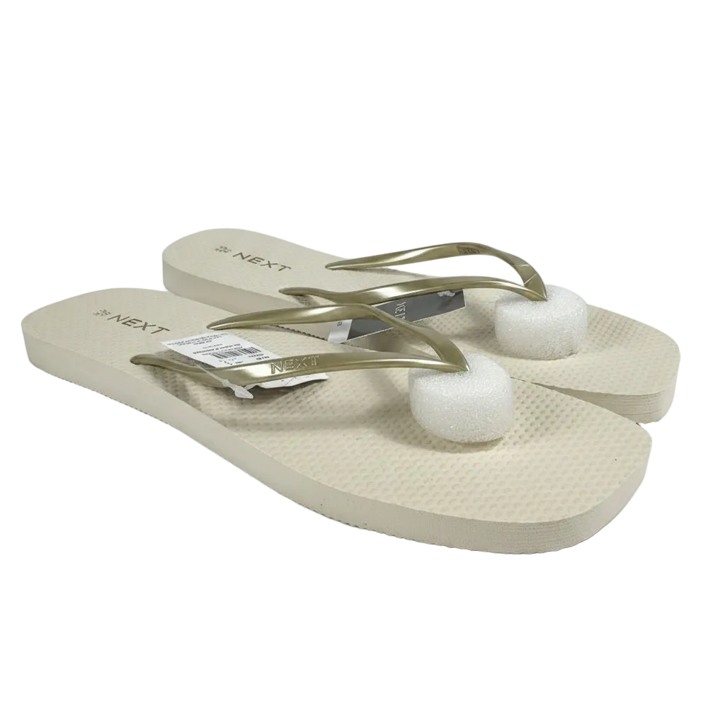 Next Cream QC Next Cream & Gold Metallic Strap Flip Flops, size UK 6.5 EU 39.5 👠 — front