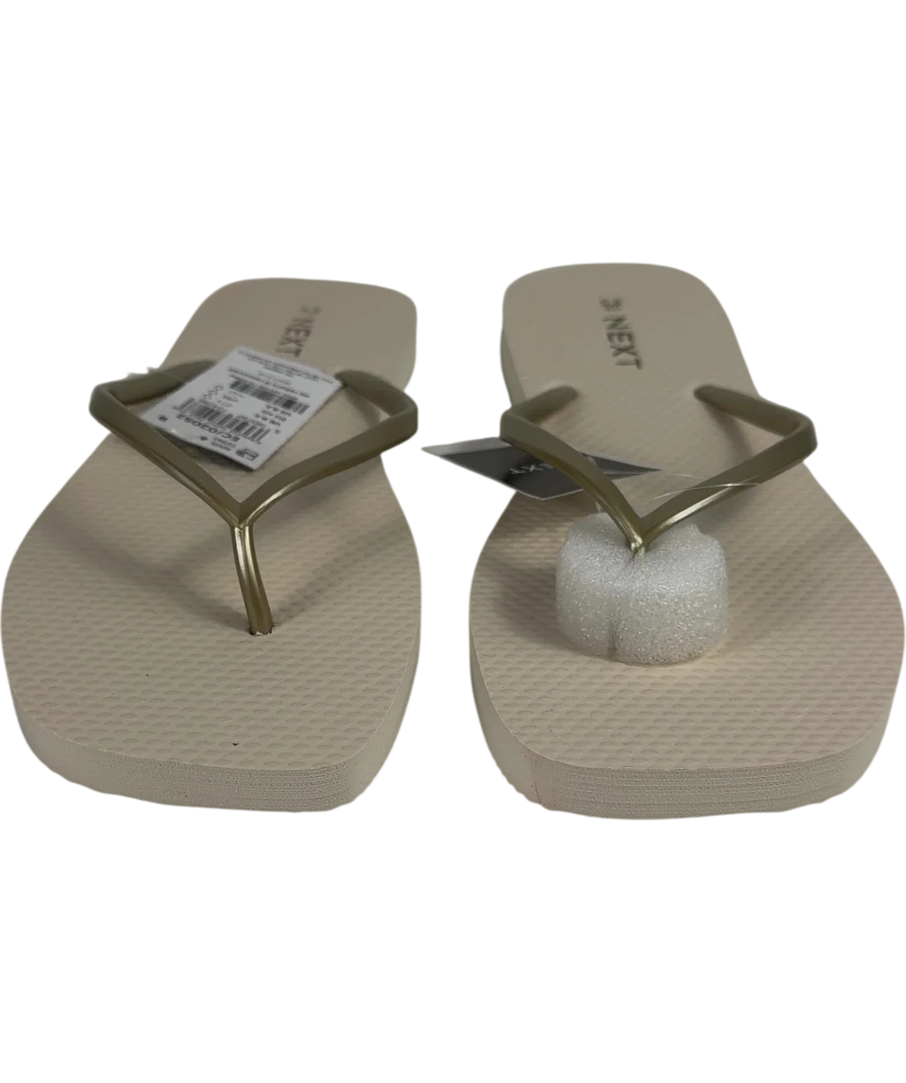 Next Cream & Gold Metallic Strap Flip Flops UK 6.5 EU 39.5 — Front (both, face on)
