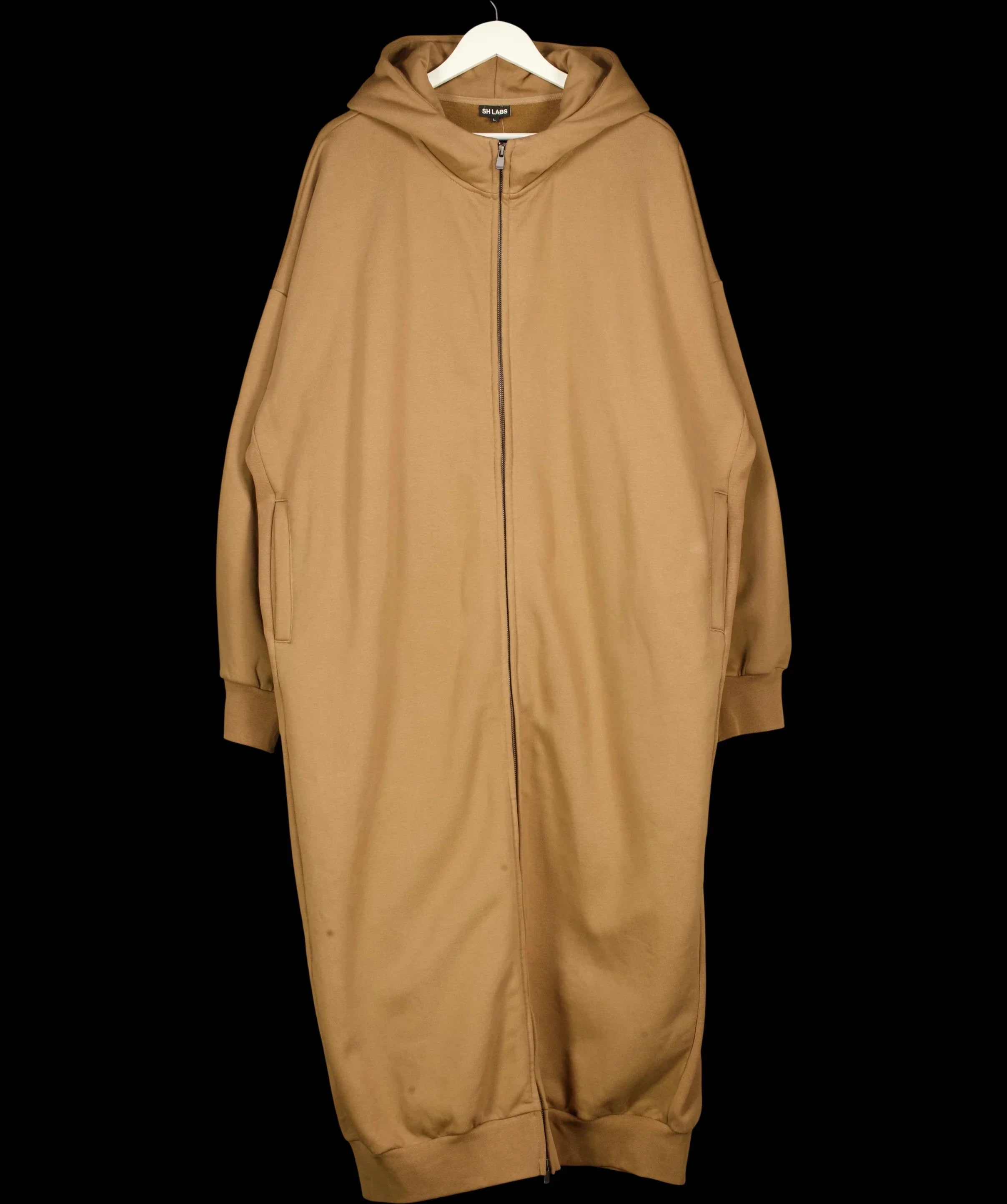 SH LABS Brown Camel Oversized Longline Zip-Up Hoodie Dress, size UK L — label