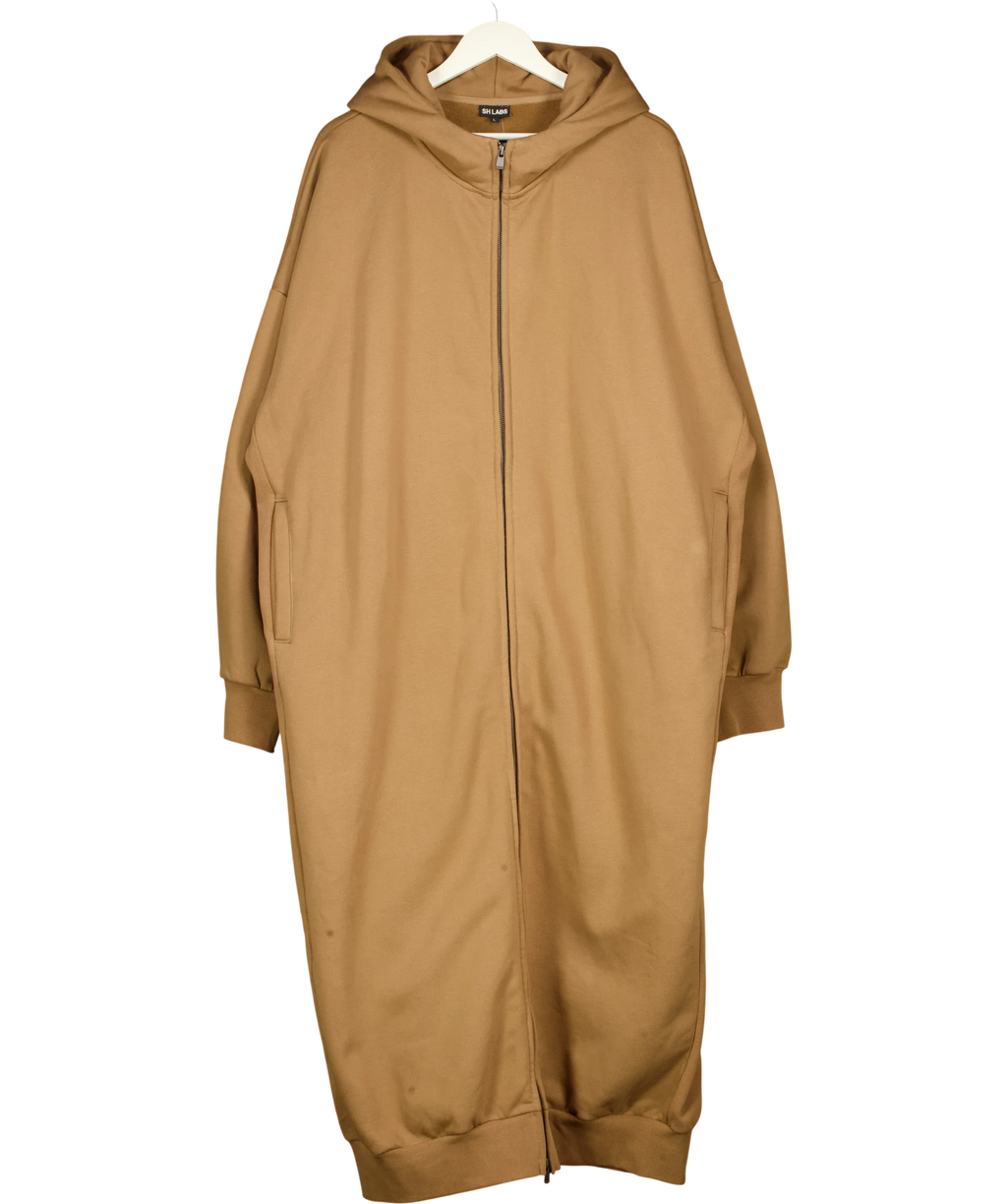 SH LABS Brown Camel Oversized Longline Zip-Up Hoodie Dress, size UK L — front