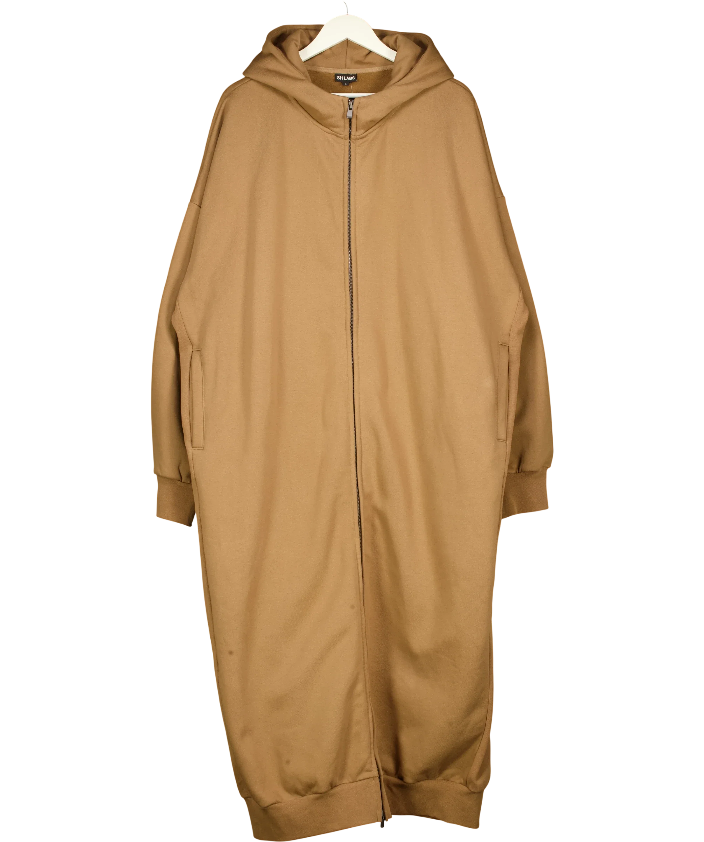 SH LABS Brown Camel Oversized Longline Zip-Up Hoodie Dress, size UK L — front