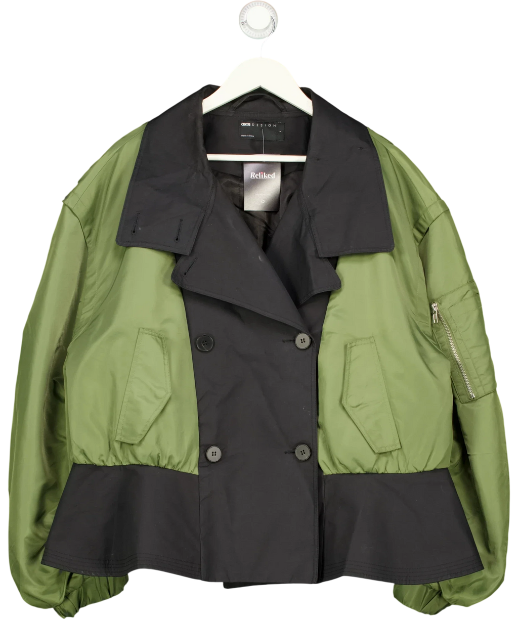 ASOS Green DESIGN Hybrid Trench Bomber Jacket Green Black, size UK L — front